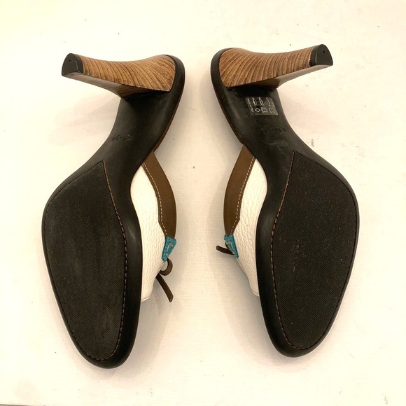 TOD'S Slides Heels Mules Womens 8.5 Brown Blue White Leather Open Toe‎ Slip on - Picture 10 of 11
